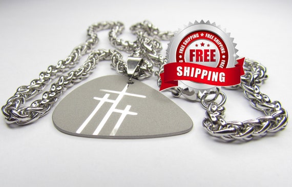 Silver Calvary 3 Three Triple Crosses Guitar Pick Sideways Necklace Pendant Heavy Chain Mens Boys Christian Jewelry Crosses on Calvary