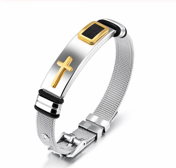 Silver Mesh Cross Bracelet Gold Raised Bracelet for Men Bangle