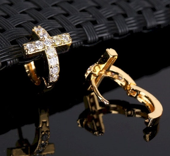 Small Silver Gold Hoop Cuff Earrings with Classic Rhinestone Crosses Modern Womans Girls Christian Jewelry