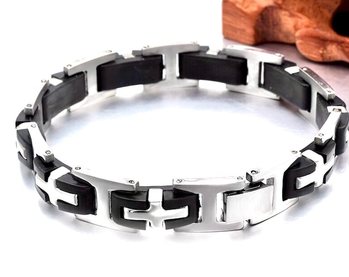 Heavy Silver Black Bracelet Cross Links for Mens Bangle Stainless Steel Engraved Boys Cuff Heavy Design Christian Jewelry Jewellery