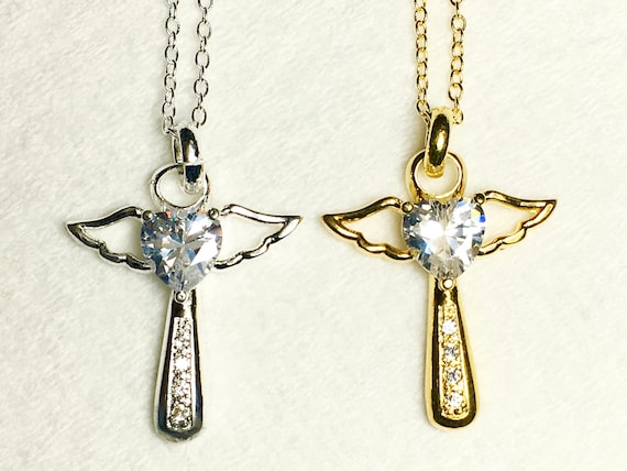 Silver Gold Angel Wing Cross Rhinestine Design Jesus Pendants Women Necklace Christian Jewelry