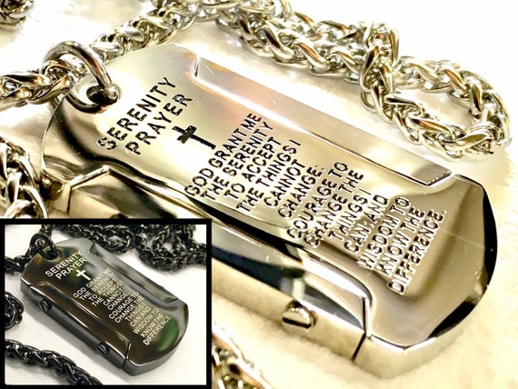 Heavy Silver Black Serenity Prayer Necklace Dog Tag Super Thick with Chain Crazy Design Pendant for Mens Boys Christian Jewelry Jewellery