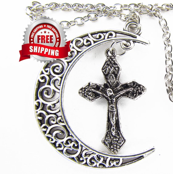 Silver Vintage Moon Cross Necklace Bohemian Style Filagree Woman Girls Jewelry - Saint Michaels Jewelry