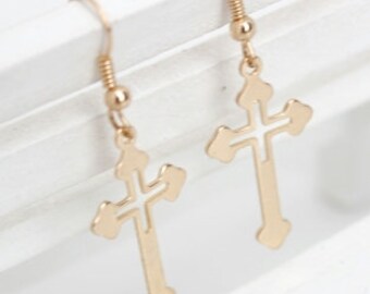 Gold Cross Dangle Earrings Super Light Weight Cross Cut Out Drop Elegant Womens jewelry girls jewellery