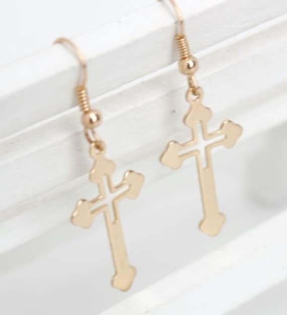 Gold Cross Dangle Earrings Super Light Weight Cross Cut Out Drop Elegant Womens jewelry girls jewellery