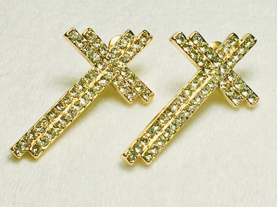 Gold Rhinestone Double Offset Rows Cross Stud Earring Dangle Women Girls Weddings