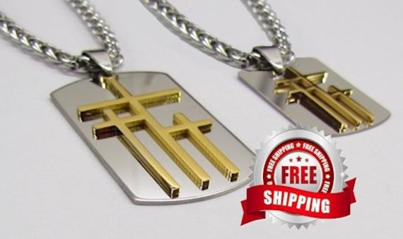 Silver Gold Calvary 3 Cross with Dog Tag Medallion Stainless Steel and 4mm Braided Chain - Saint Michaels Jewelry