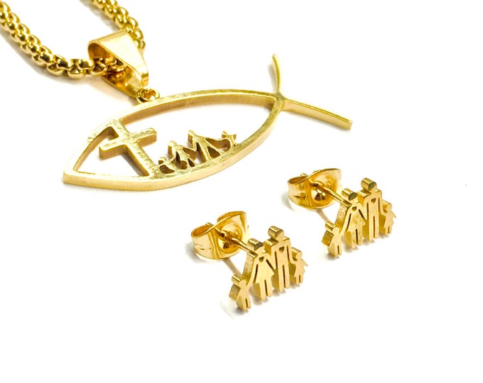 Set - Mother's Cross Fish Family Necklace Earring Set Christmas Mother's day Gold Box Ichthus Ichthyic Greek Jesus Fish Pendant jewelry