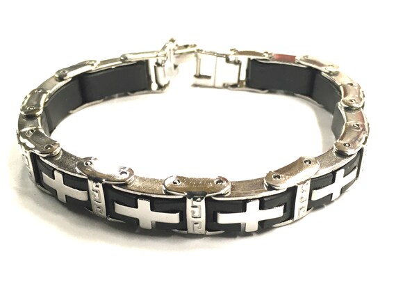Heavy Silver Black Bracelet Cross Links for Men Bangle Stainless Steel Engraved Boys Cuff Heavy Design Christian Jewelry Jewellery