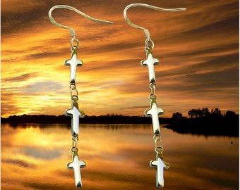 Chain Cross Dangle Earrings Sideways Silver or Gold 1, 2 or 3 Crosses Drop Woman Girls Wedding Bridesmaids Hypoallergenic Waterproof