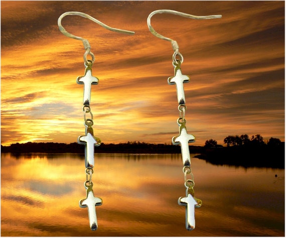 Tiny Cross Chain Sideways Dangle Earrings Silver Gold 1, 2 or 3 Crosses Drop Woman Girls Wedding Bridesmaids Christian Jewelry Jewellery