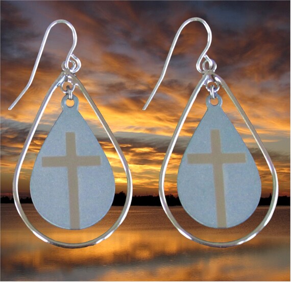 Silver Small Teardrop Cross Hoop Earrings Dangle Drop Womens Girls Christian Jewelry - Saint Michaels Jewelry