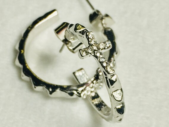 Silver Hoop Stud Earrings with Set Off Classic Rhinestone Crosses Christian Jewelry Modern Womans Girls
