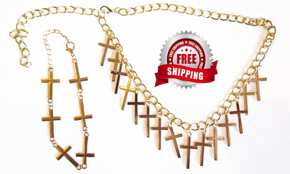Gold Multi Cross Necklace Matching Sideways Cross Bracelet Set Womans Girls Christian Jewlery - Saint Michaels Jewelry