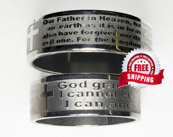 Rings Silver Serenity Prayer Lord’s Prayer Our Father Wedding Rings 8mm Wide Stainless Steel Ring for Woman Waterproof Jewelry Ring Men