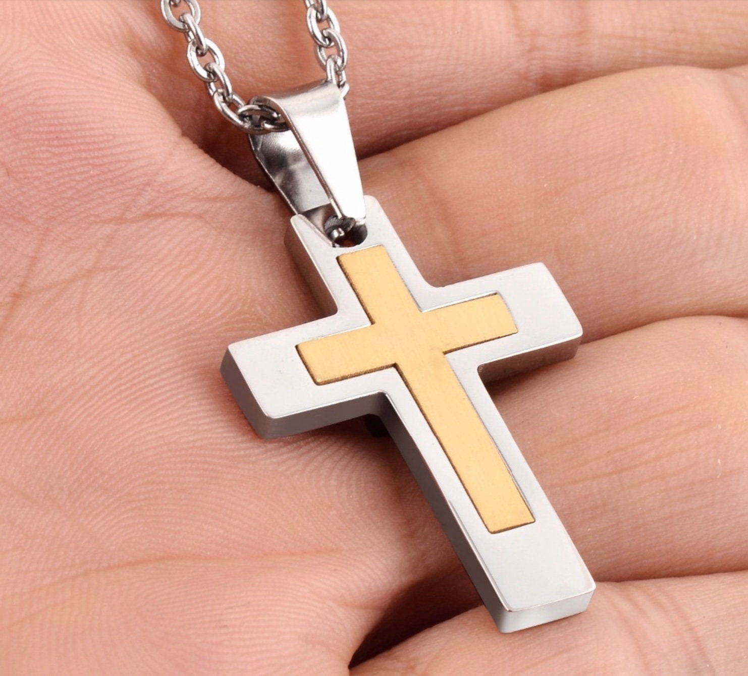Modern Crucifix Small Cross Necklace for Men Woman Orthodox Silver Gold Heavy Stainless Steel 