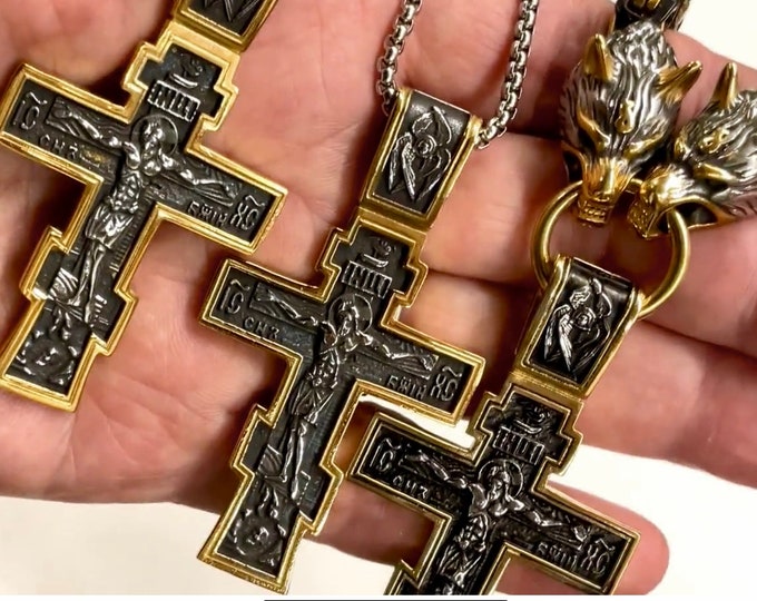 Ancient Gothic Eastern Orthodox Crucifix Cross Necklace for Men Slavic-European language Double Wolf Head All Stainless Steel Viking Jesus