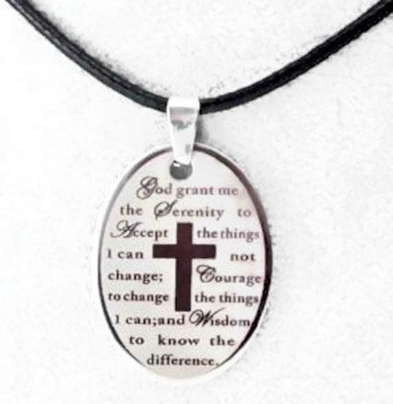 Silver Etched Serenity Prayer Oval Cross Necklace Men Woman Chain Christian Jewelry