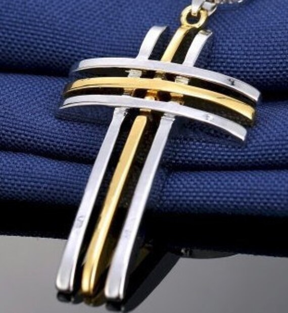 Large Cross Three 3 Bar Two Color Silver Gold with Stainless Steel Heavy Chain Christian Jewelry