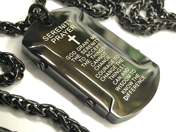 Heavy Black Silver Gold Serenity Prayer Necklace Dog Tag Super Thick with Chain Crazy Design Pendant for Mens Boys Christian Jewelry