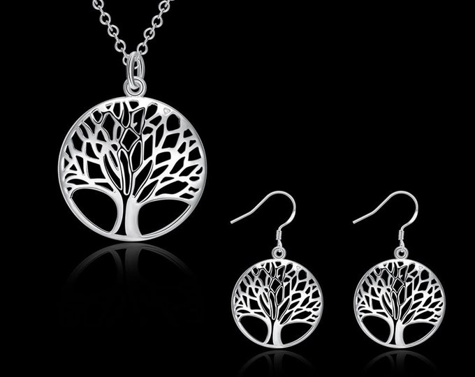 Set - Tree of Life Necklace and Earrings Silver Detailed Cut Tree Branches jewelry Hikers Bikers Minimalist Jewelry Set for Woman