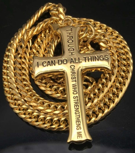 Gold Cross Necklaces for Men I can do all things through christ who strengthens me Pendant Stainless Steel Chain Boys Jewelry Jewellery