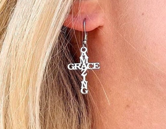 Amazing Grace Cross Necklace Earrings for Men or Women Silver