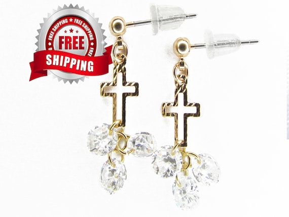 Tiny Gold Hammered Hollow Cross Stud Earring Small Dangle Zircons Women Girls Weddings - Saint Michaels Jewelry