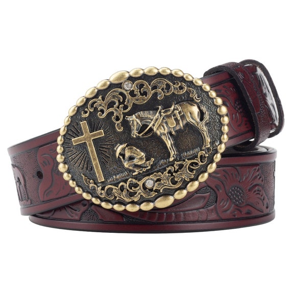 Vintage Western Cowboy Belt Buckle with Cross and Horse Design - Stylish  and Unique Fashion Accessory