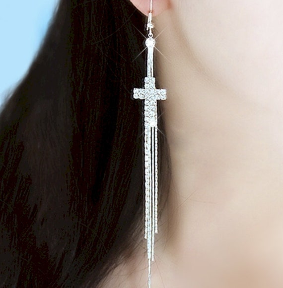 Wedding Cross Tassel Earrings Cross Dangle Party Rhinestone Earrings Crystal CZ Look Inlaid Crosses Christian Jewelry for Woman Bridesmaid