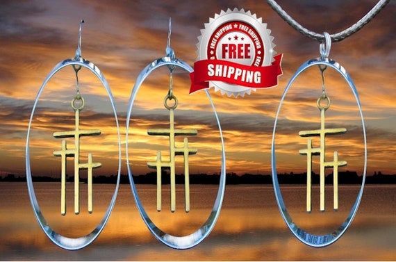 Silver Hoop Gold Cross Earrings Necklace Dangle Drop Pendant Calvary 3 Triple Crosses Christian Jewelry Three Crosses on Calvary