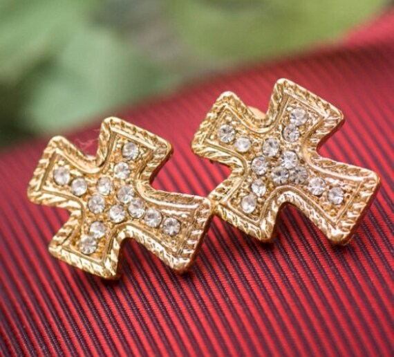 Gold Cross Earrings Rhinestones Stud Posts Dainty Casting Elegant Design Jewelry for Women Jewellery for Girls