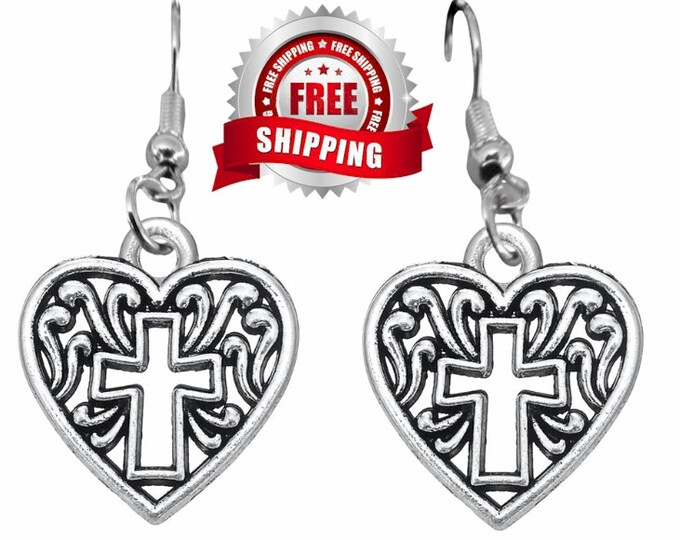 Set - Silver Heart Dangle Earrings Necklace Hollow Cross Filigree Cast Pendant Woman Girls Christian Jewelry Jewellery