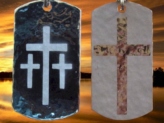 Silver Reversible Hand Hammered Calvary 3 Cross Necklace and Chain Mens Christian Jewelry - Saint Michaels Jewelry - Calvary Three Cross