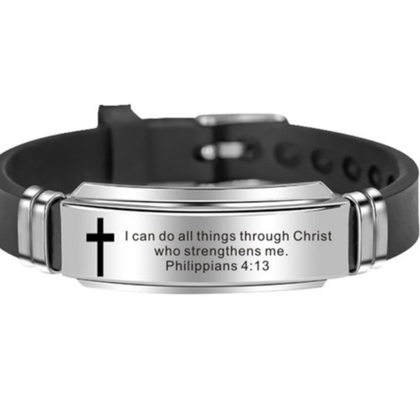 Bracelet for Men Silver Black Bangle Engraved I can do all things through Christ who strengthens me Stainless Steel Cuff Philippians 4:13