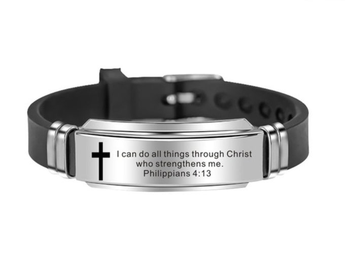 Bracelet for Men Silver Black Bangle Engraved I can do all things through Christ who strengthens me Stainless Steel Cuff Philippians 4:13