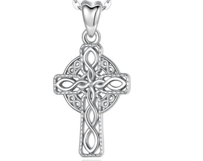 Irish Celtic Solid Sterling Silver Cross Necklace Interwoven S925 Pendant for Women Cast Jewelry link Chain Jewellery for Girls