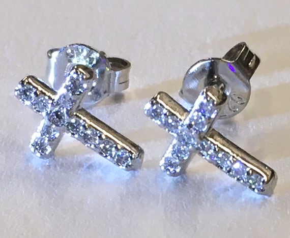 Silver Cross Earrings Stud Super Tiny Dainty Petite with Crystal Inlaided Rhinestones Wedding for Girls jewelry bridesmaids jewellery