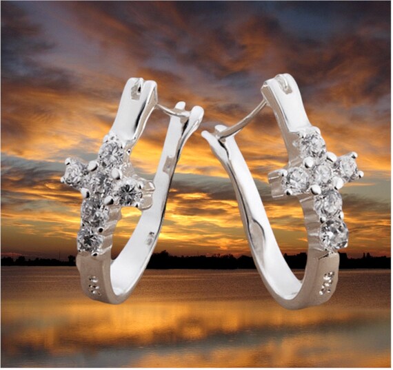 Cross Cuff Earring Sterling Silver Elegant Dainty Sparkling Rhinestones Cast Modern jewellery for Woman Girls Christian Jewelry young girls