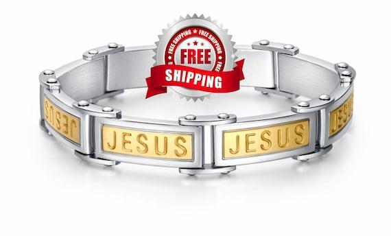 Heavy Jesus Engraved Bracelet for Men Silver Gold Bangle Stainless Steel Engraved Boys Cuff Heavy Design Christian Jewelry Jewellery