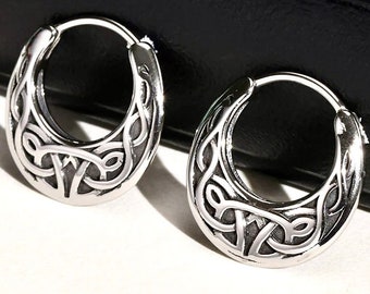 Mens celtic huggie hoop earrings womens irish knot triquetra claddaghs viking valknut scottish waterproof hypoallergenic stainless steel