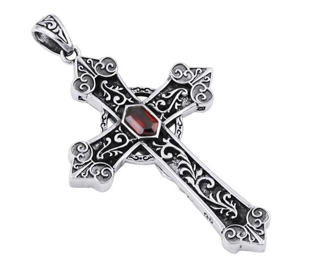 Irish Celtic Solid Sterling Silver Cross Natural Red Garnet Necklace S925 Pendant for Women Cast Jewelry link Chain Jewellery for Girls