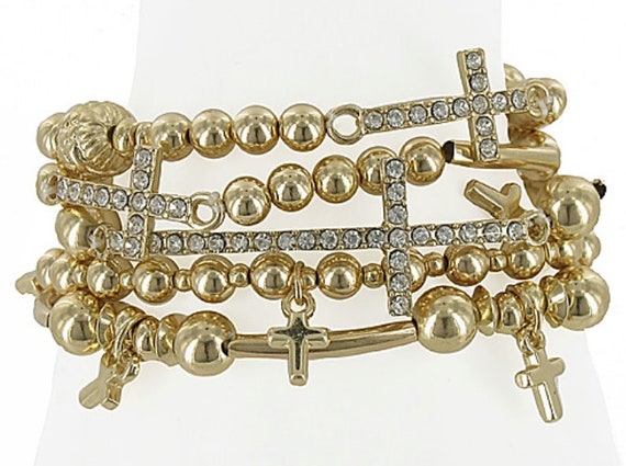 Stretch Sideways Cross Bracelets Gold 5 Strand Accent Rhinestone Cross Charms Cuff Wrap Bangle Bracelet Christian Jewelry jewellery