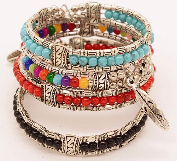 Hippie Colored Beads Bracelet Silver Feather Charm Yoga Bracelet Bangle Vintage Boho Bohemian Hippie jewelry for Women Girls Cuff jewellery