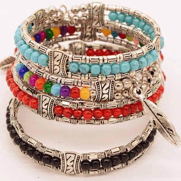 Bracelet hippie perles de couleur argent plumes charme sud-ouest bijoux yoga chakra chakra jonc vintage bohème bohème hippie pour femme manchette