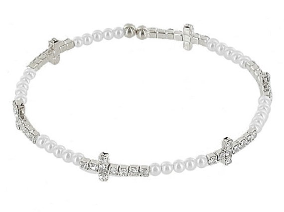 Cross Pearlescent Cuff Bangle Sideways Cross Bracelet Horizontal Wrap Split Wrap Silver Rhinestone Cross Christian jewellery Jewelry