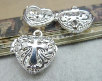 Cross Heart Silver Aromatherapy Necklace Locket Essential Oils Perfume Diffuser Filigree Heart Hinged Open Cast Design