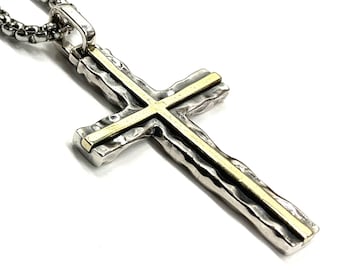 Hammered 2 Color Solid Sterling Silver Cross Necklace for men S925 with Brass inlay catholic crucifix