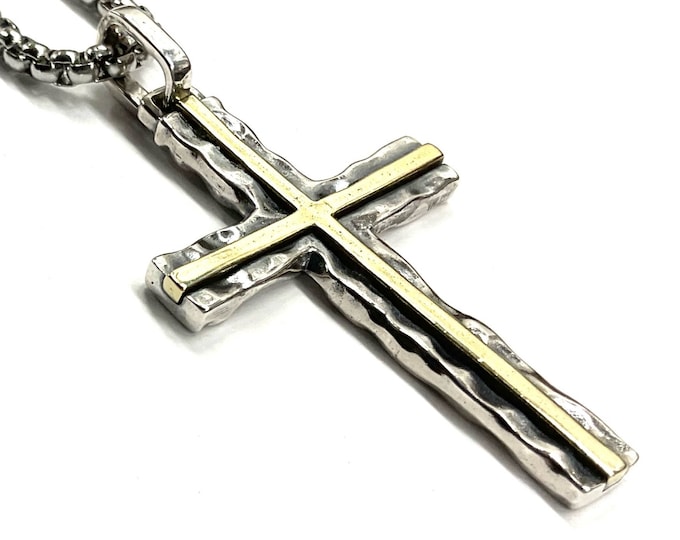 Hammered 2 Color Solid Sterling Silver Cross Necklace for men S925 with Brass inlay catholic crucifix