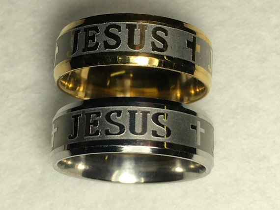 Silver Gold 8mm Wide Jesus Cross Ring Woman Men Stainless Steel Wedding